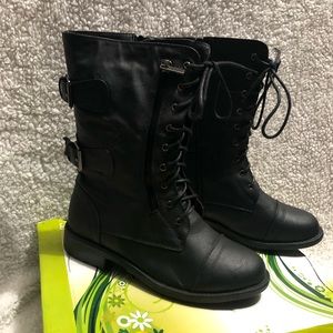 Top Moda Black Zip Cute Calf Boot Small Heel Faux Leather Lace Up Womens Boots